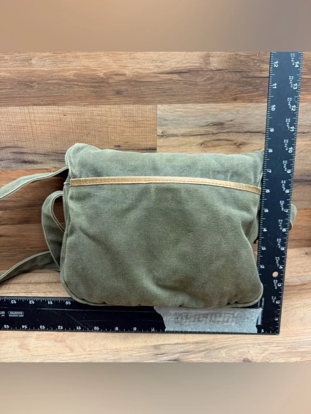LL Bean Personalized Green Canvas Messenger Bag with Brown Leather Trim